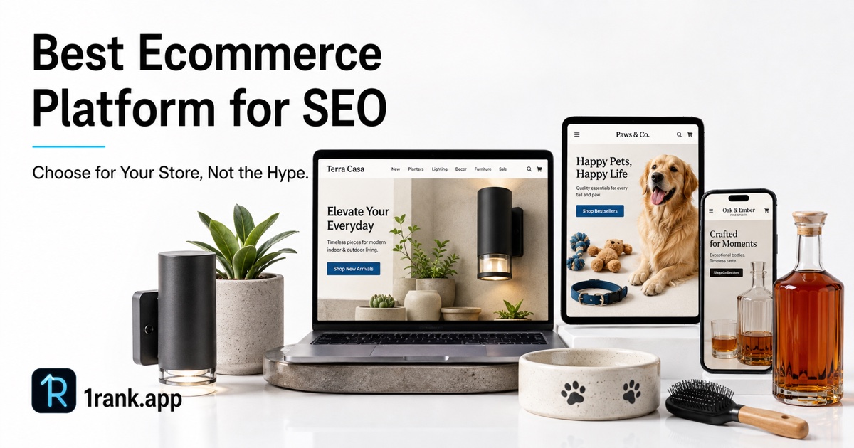 Three illustrative ecommerce storefronts for home accessories, pet supplies, and premium beverages with the Best Ecommerce Platform for SEO headline and 1rank.app logo.