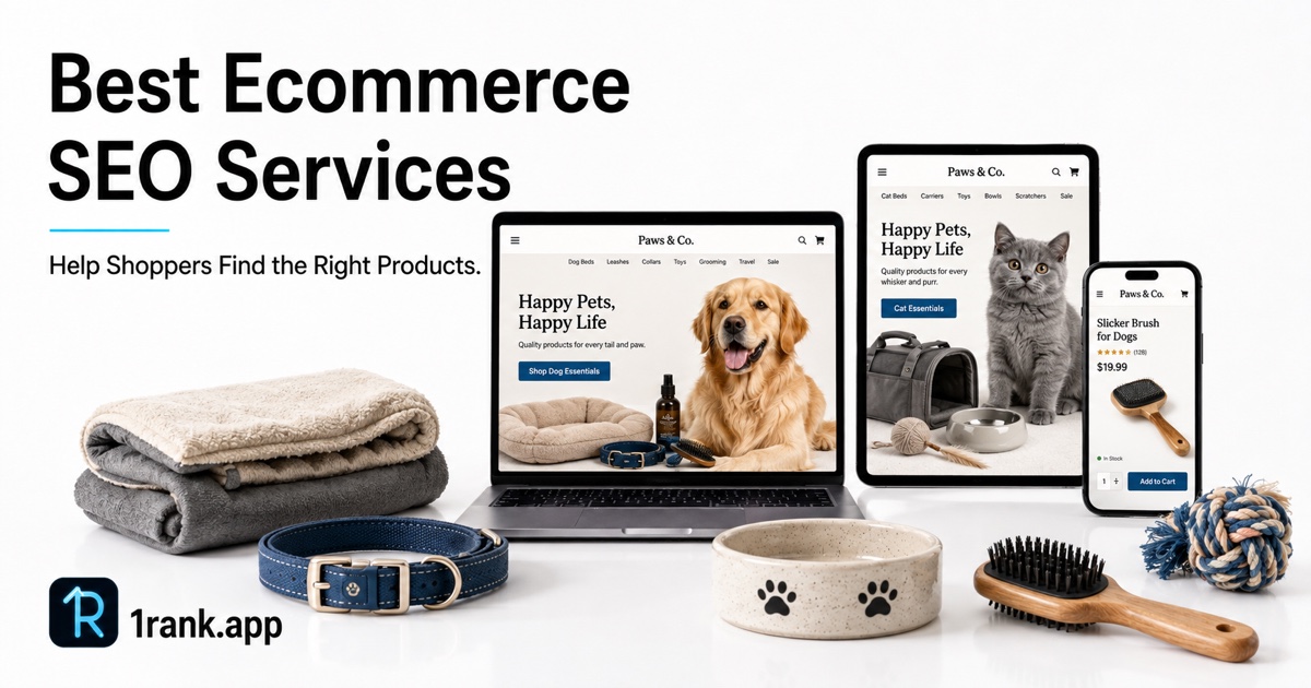 Illustrative pet-supply ecommerce storefront with 1Rank branding, representing product and category SEO work.