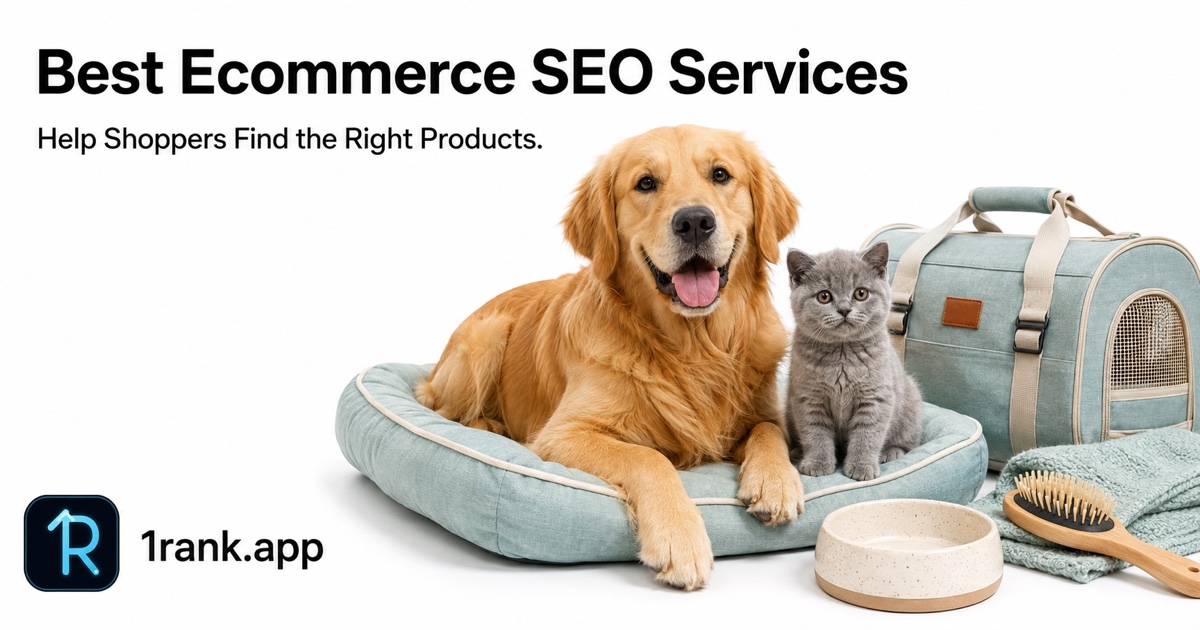Golden retriever and British shorthair kitten with pet products, Best Ecommerce SEO Services headline, and 1rank.app branding.