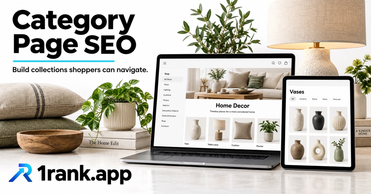 Home-decor products, cushions, plants and lamps beside illustrative collection pages, with Category Page SEO and 1rank.app branding.