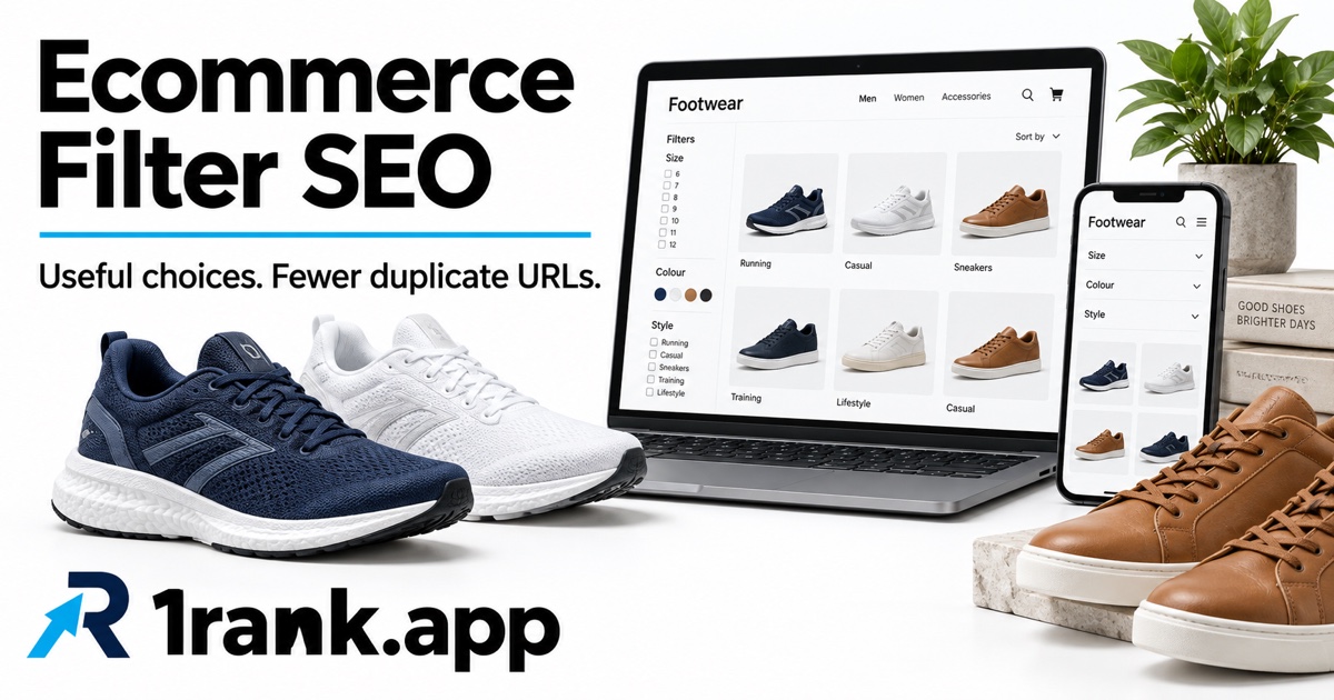 Running shoes and sneakers beside illustrative footwear filters on laptop and phone, with Ecommerce Filter SEO and prominent 1rank.app.