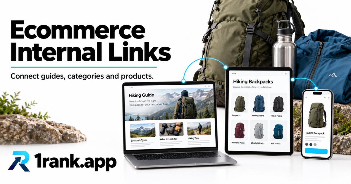 Outdoor backpacks, bottle and jacket beside guide, category and product mockups connected by cyan lines, with Ecommerce Internal Links and 1rank.app.
