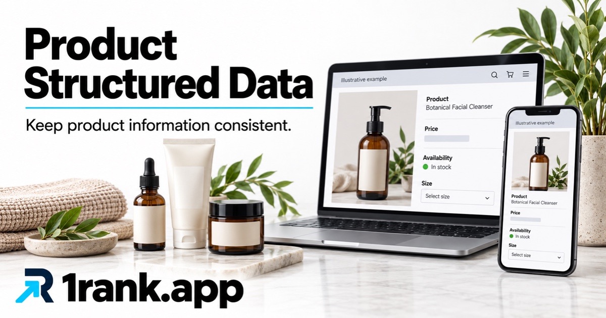Unbranded skincare containers beside clearly illustrative product-information screens, with Product Structured Data and prominent 1rank.app.