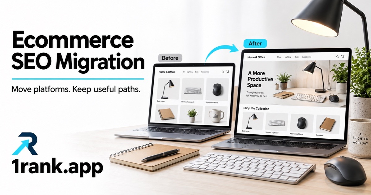Home-office products beside illustrative before-and-after storefront layouts, with Ecommerce SEO Migration and prominent 1rank.app branding.