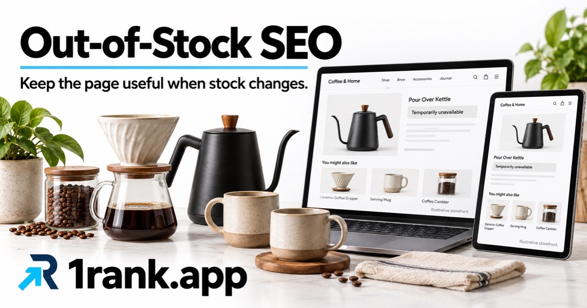 Kitchen kettles, mugs and coffee equipment beside illustrative unavailable-product pages, with Out-of-Stock SEO and 1rank.app branding.