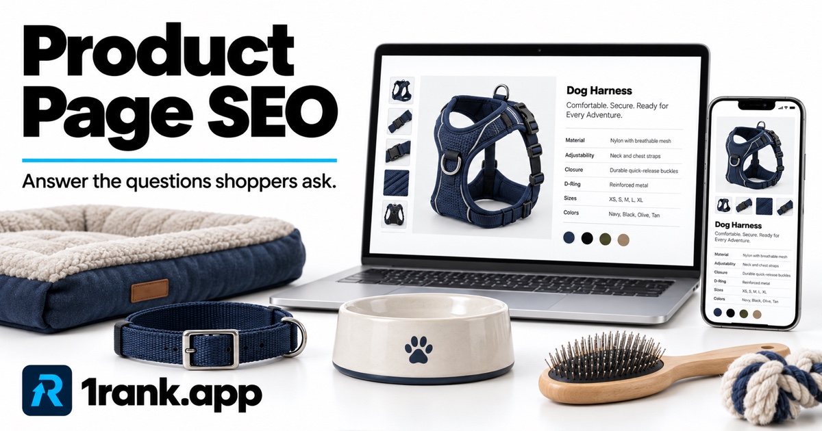 Pet supplies beside laptop and phone mockups of a dog-harness product page, with Product Page SEO and prominent 1rank.app branding.