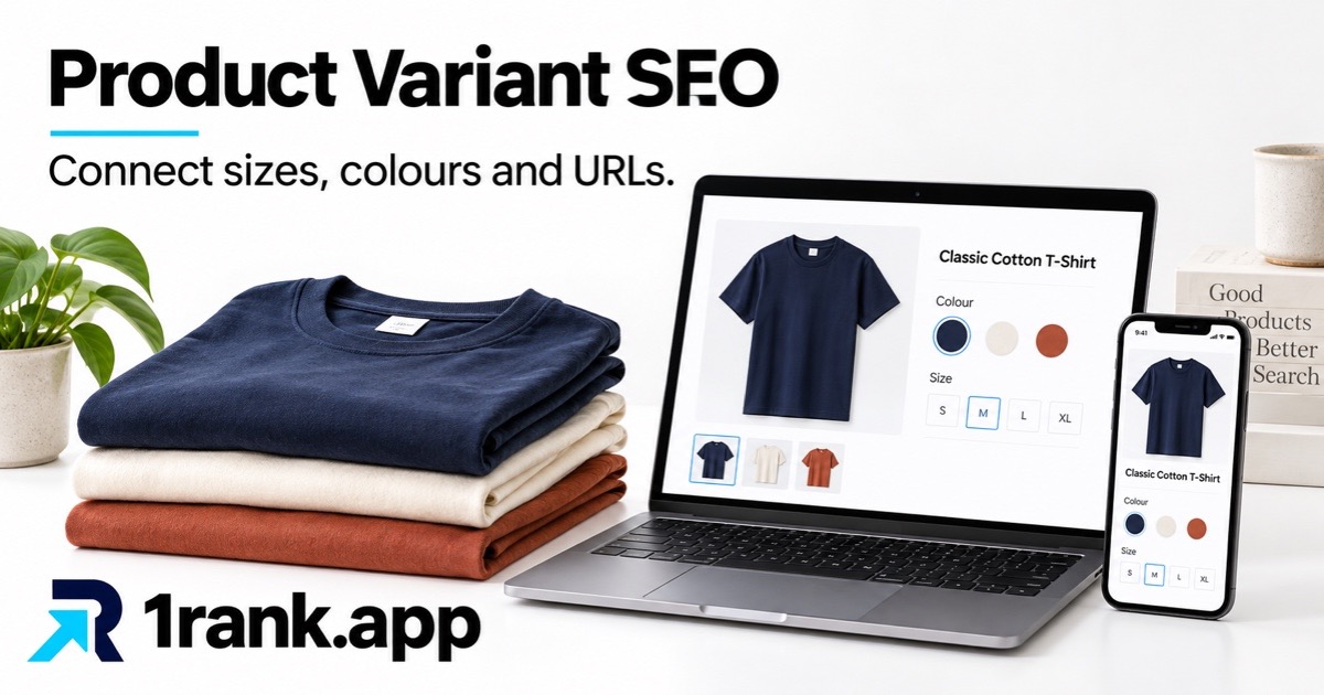 Navy, cream and terracotta shirts beside illustrative product selectors on laptop and phone, with Product Variant SEO and 1rank.app.