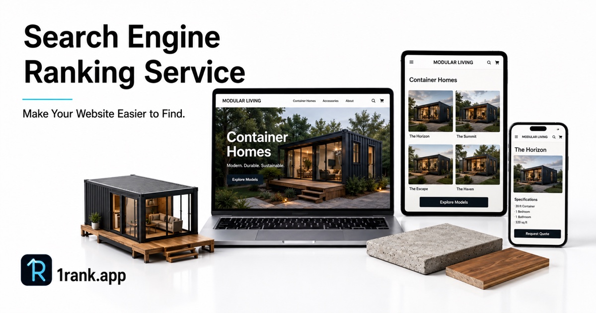 Illustrative website storefront screens with 1Rank branding, representing practical page-level SEO work.