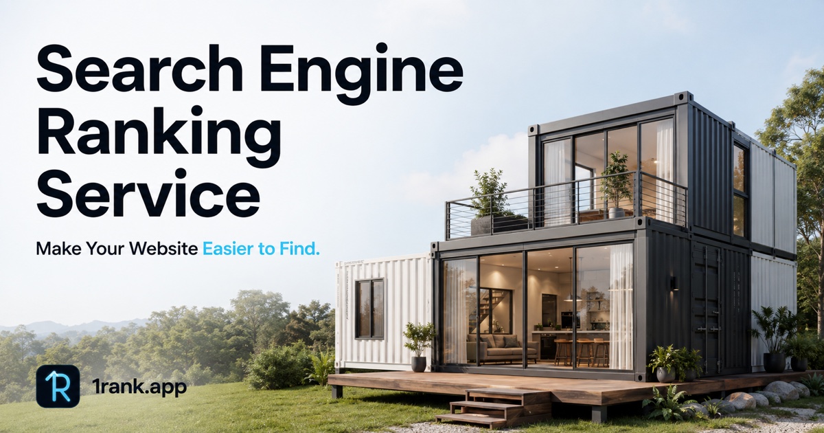 Modern container house with the 1Rank logo, 1rank.app branding, and Search Engine Ranking Service headline.