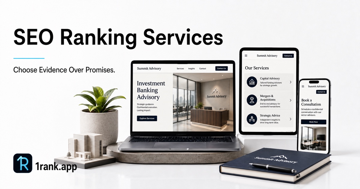 Illustrative advisory storefront with 1Rank branding, representing a careful comparison of SEO service delivery.