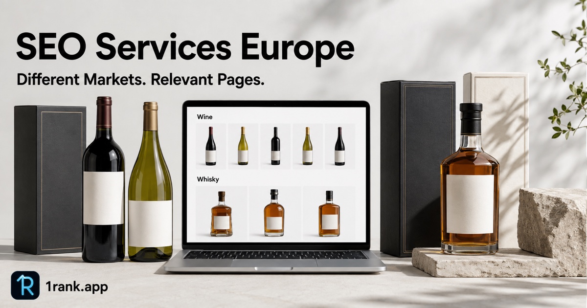 Wine and whisky products beside an illustrative online catalogue with SEO Services Europe and 1rank.app branding.