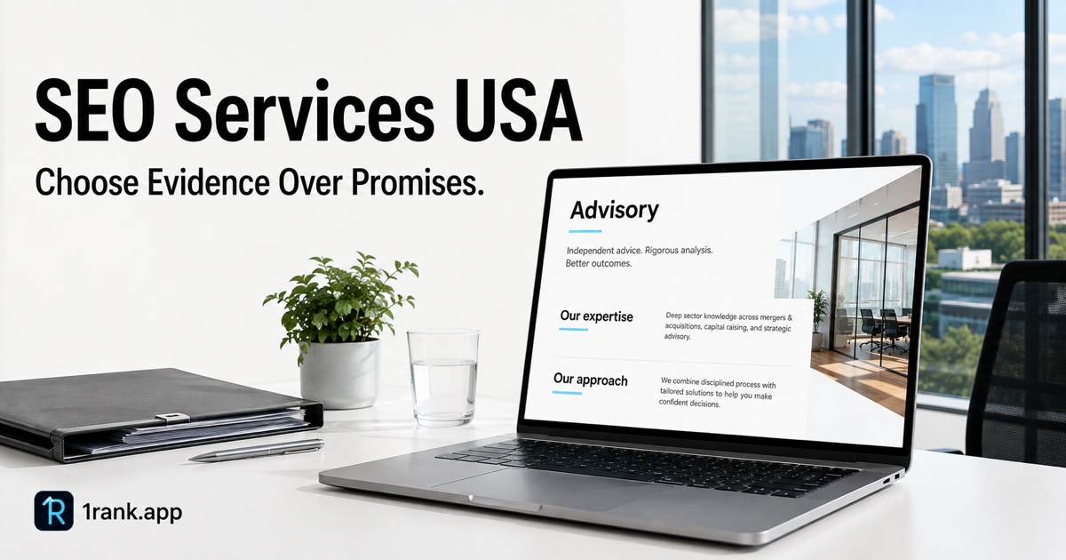 Illustrative investment-banking advisory website on a laptop with SEO Services USA, Choose Evidence Over Promises, and 1rank.app branding.