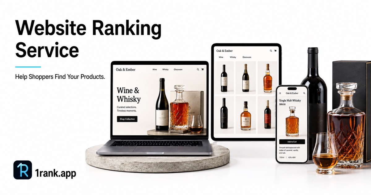 Illustrative ecommerce storefront screens with 1Rank branding, representing website readiness for SEO work.